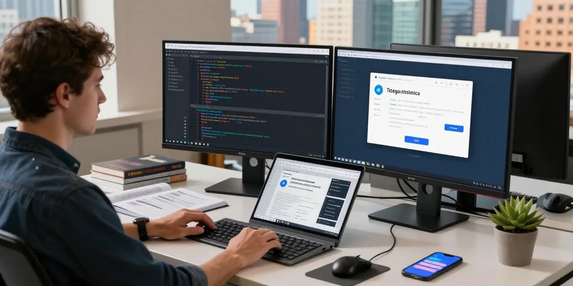 Developer coding on Telegram Web Version in a productive modern workspace.