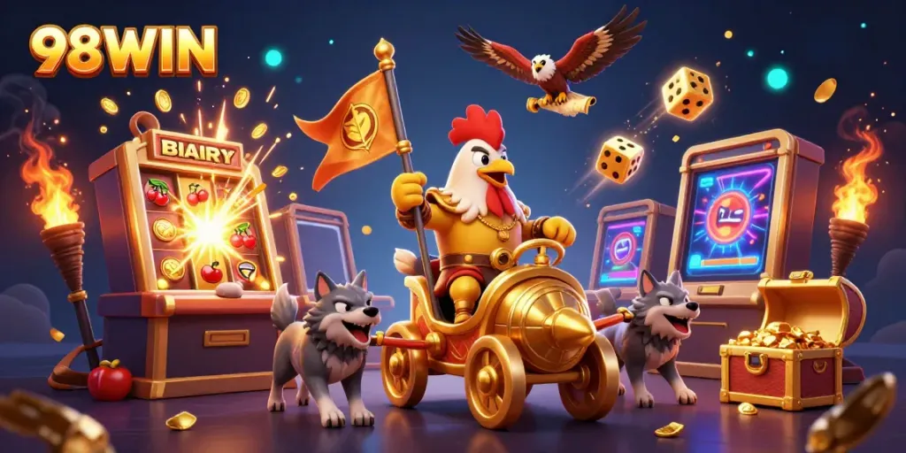 Join the adventure at 98WIN with a rooster warlord leading a digital casino victory.