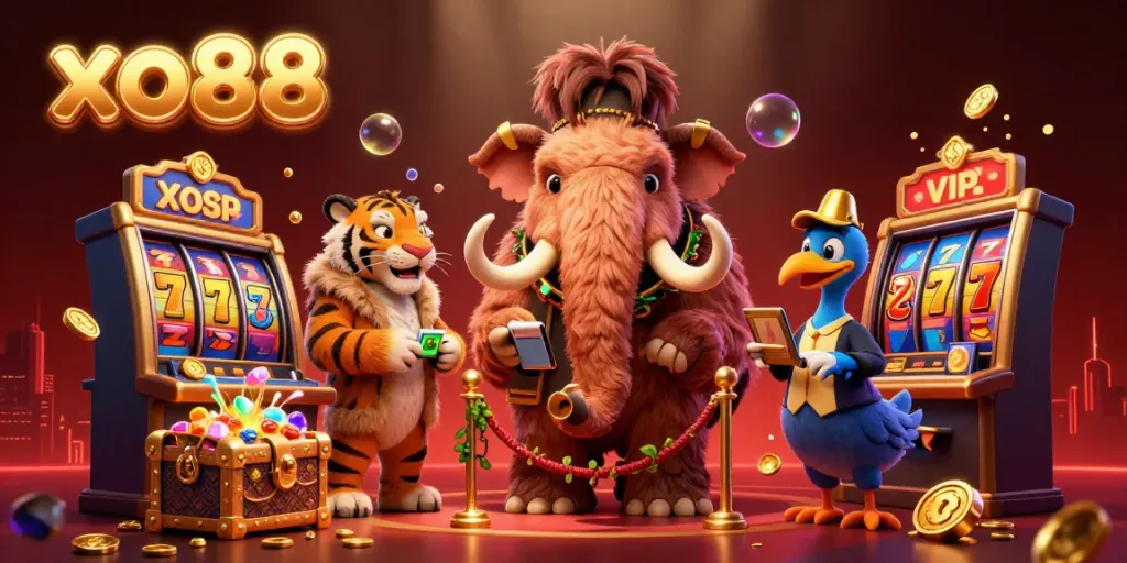 Experience thrilling gameplay at xo88 with a vibrant casino scene featuring rich slot elements and cartoon mascots.