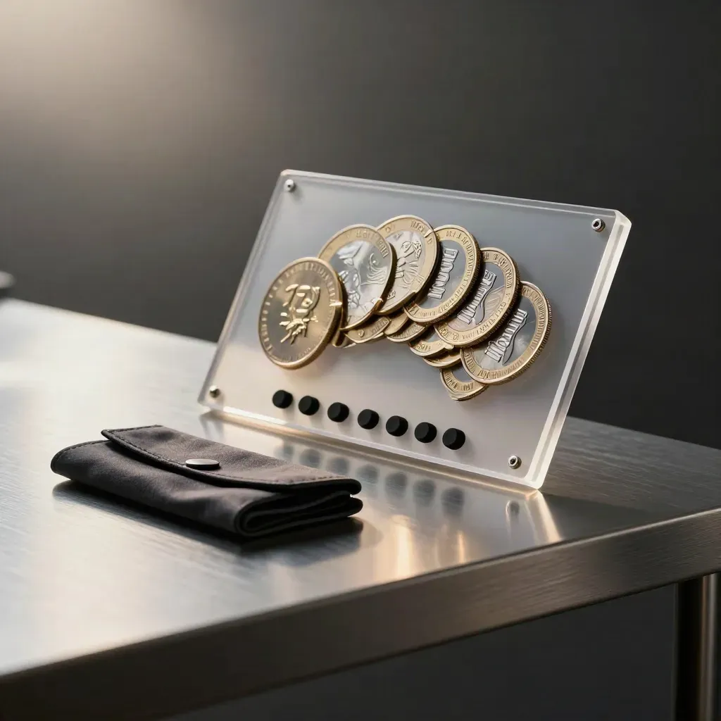 Translucent copy trading signal board with silver discs, stoppers, and dark sleeve on pewter