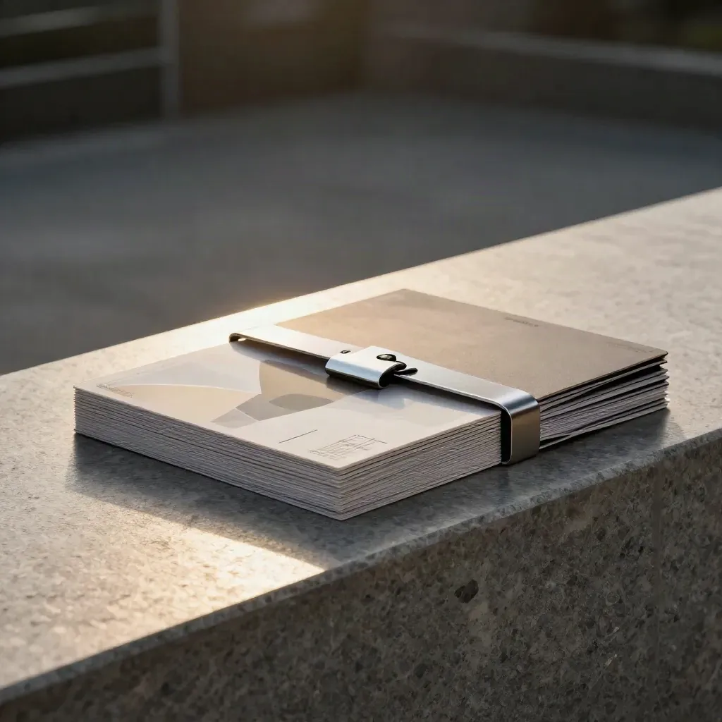Unbranded compare pass folio with metallic clip on stone beside abstract trading tiles.