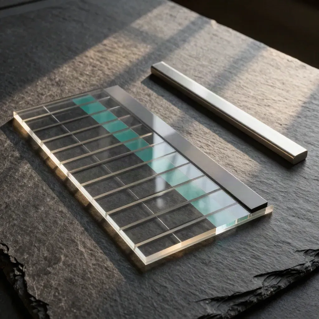 Overhead flatlay of a rank-board kit with acrylic risers, dark markers and a silver bar on slate.