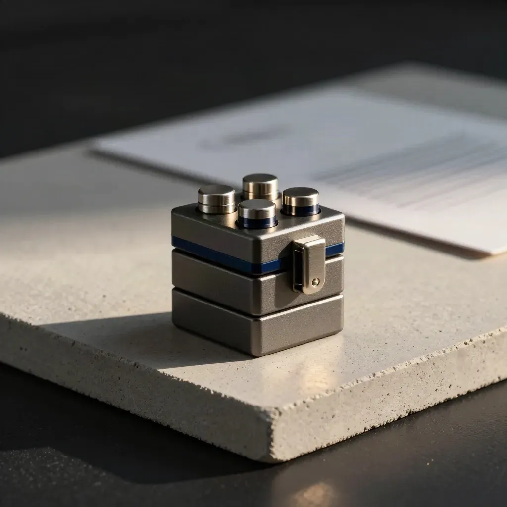 Compact risk control blocks stacked on pale concrete in a dramatic dark studio.