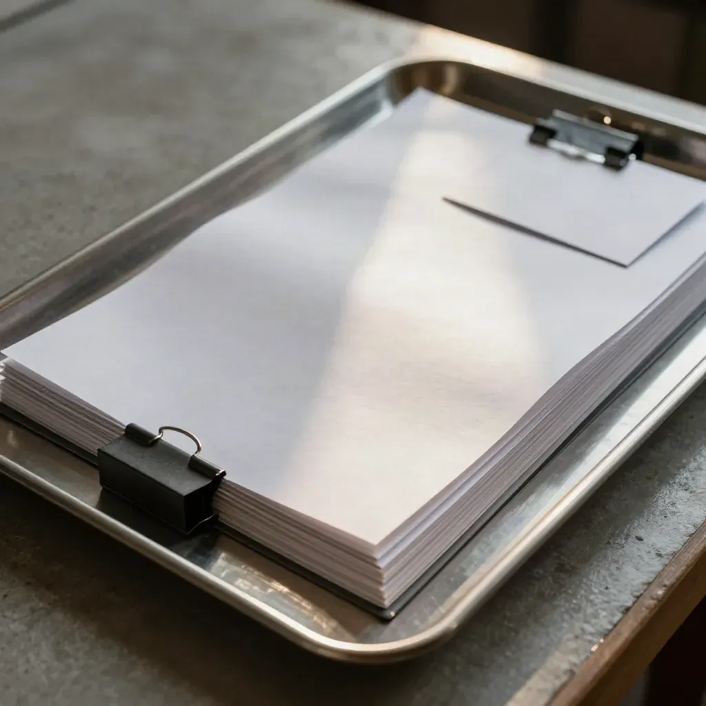 Overhead silver report portfolio fanned on a metal tray with clips and a counting block