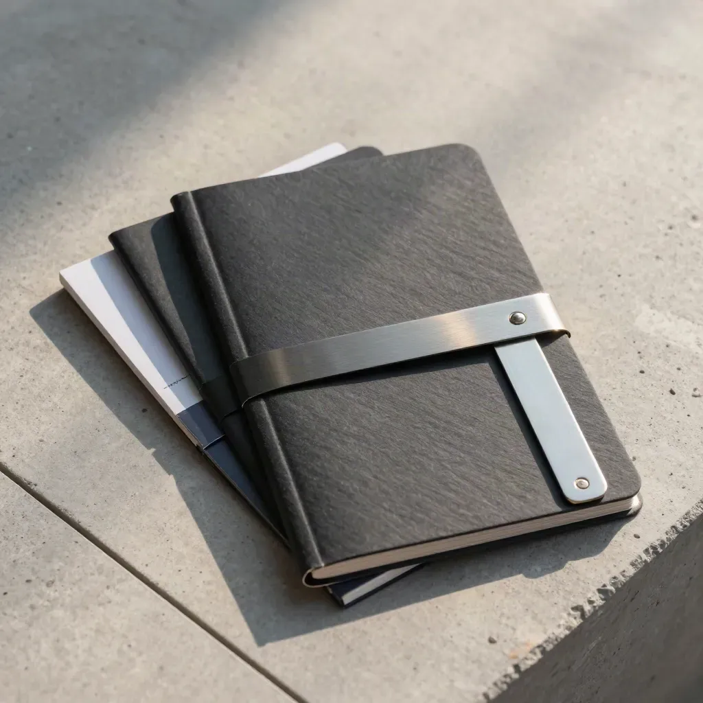 Overhead flatlay of dark slate trading notes, clipped marker cards and an aluminum spacer on pale concrete.