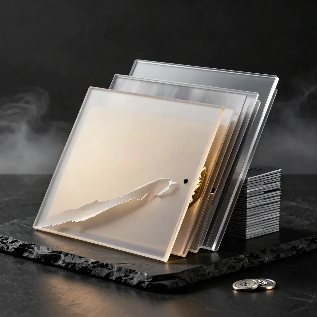 Clear-sleeved copy trading bundle with silver risk blocks and ranking modules on a black studio surface.