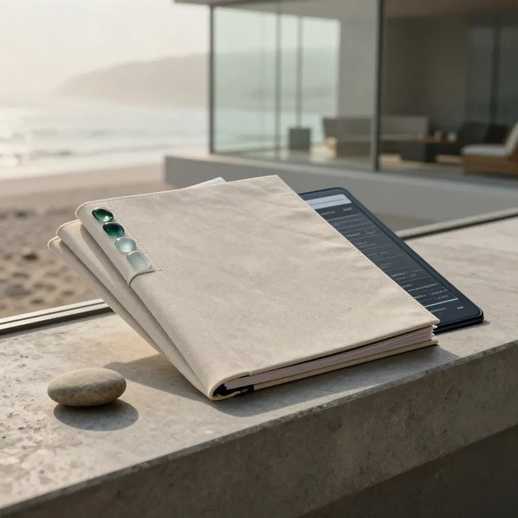 Pale stone comparison folio with sea-glass inserts on concrete shelf beside a pebble in coastal mist.