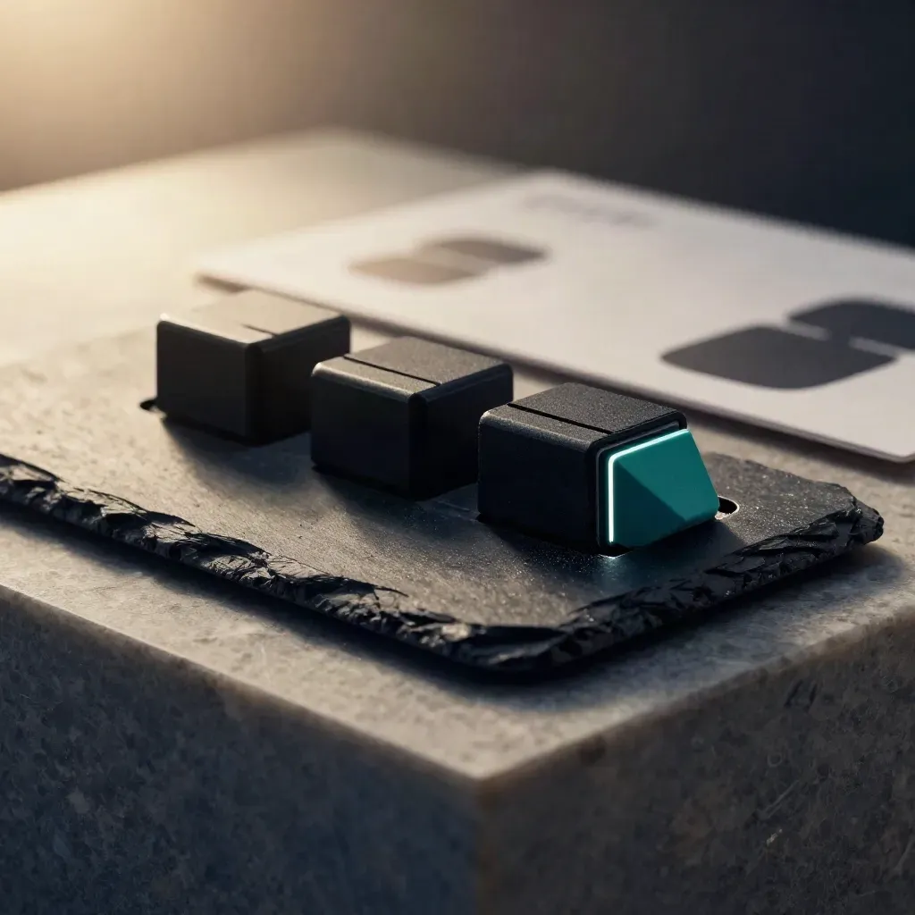 Macro of black risk-cap blocks and slate tray with a teal divider on a dark fintech surface.