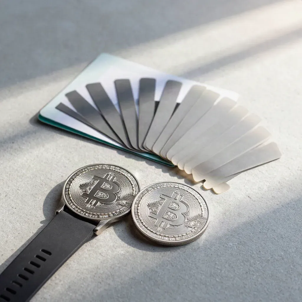 Overhead crypto watchlist pack with two discs, graphite sleeve, frosted spacer, and teal glint on stone.