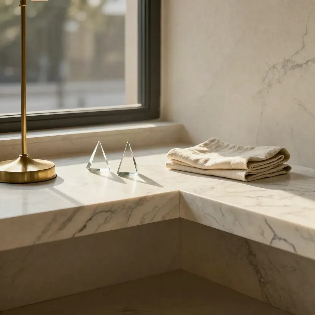 Sunlit marble window bench with brass lamp and glass reflections in a warm loft corner.