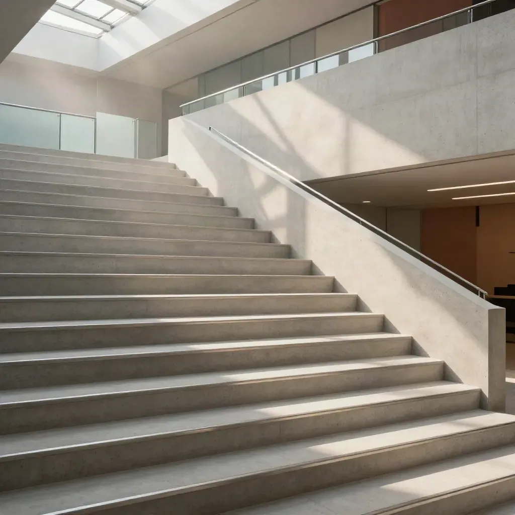 Sunlit concrete stair landing with skylight, brushed silver trim, and calm space for copy.