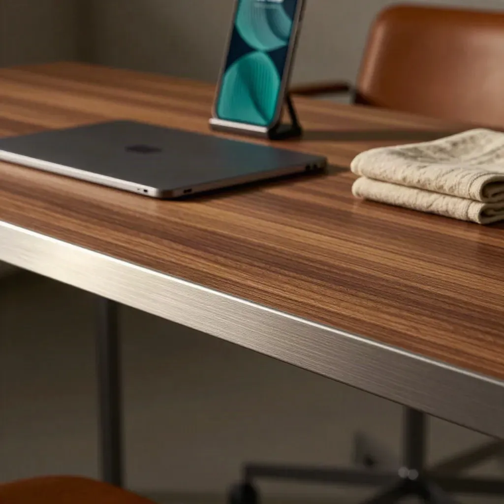 Walnut trading surface with muted teal app glow, steel edge, blurred leather chair, calm copy space.