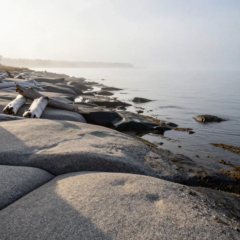 Misty granite shoreline with driftwood and calm tide sheen at dawn