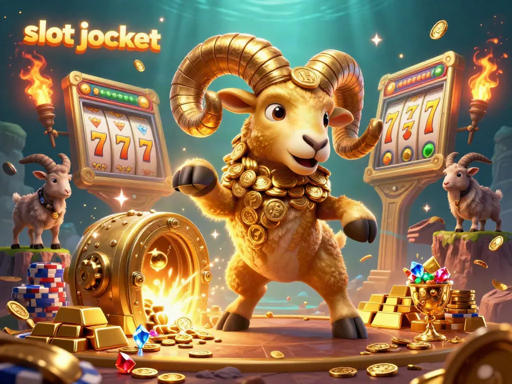 The slot jackpot scene illustrates a golden ram charging at a vault, surrounded by vibrant casino elements and treasures.