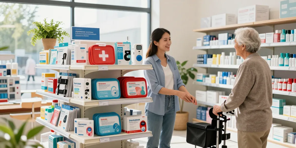 Customer engaging with a store assistant to learn about starkman medical supplies in a welcoming health store setting.