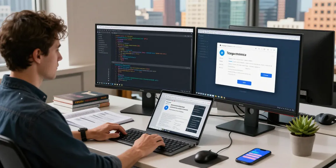 Developer coding on Telegram Web Version in a productive modern workspace.