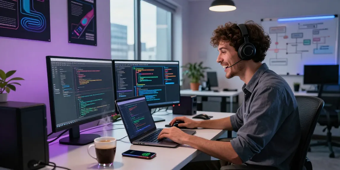 WPS Download in a modern coding workspace with dual monitors and vibrant tech decor