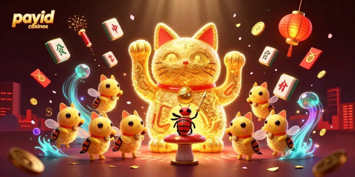 Play and win at payid casinos with a dynamic scene of a lucky cat built from fireflies and vibrant casino symbols.